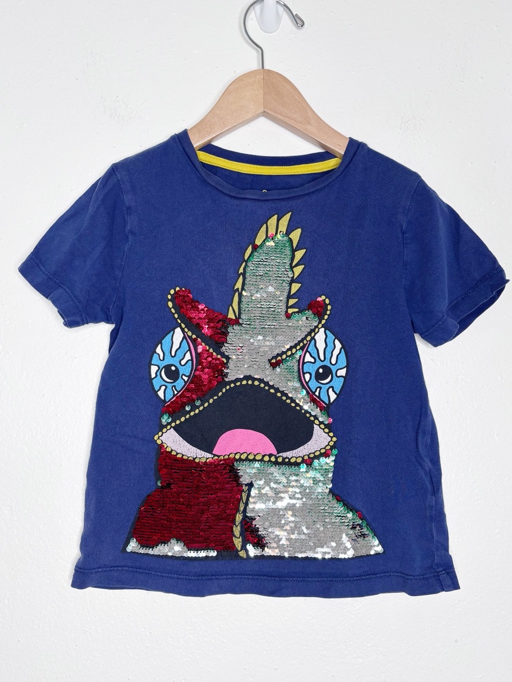 Mini Boden Navy Sequin Appliqué Lizard Dinosaur Short Sleeve Tee Size 4-5yrs